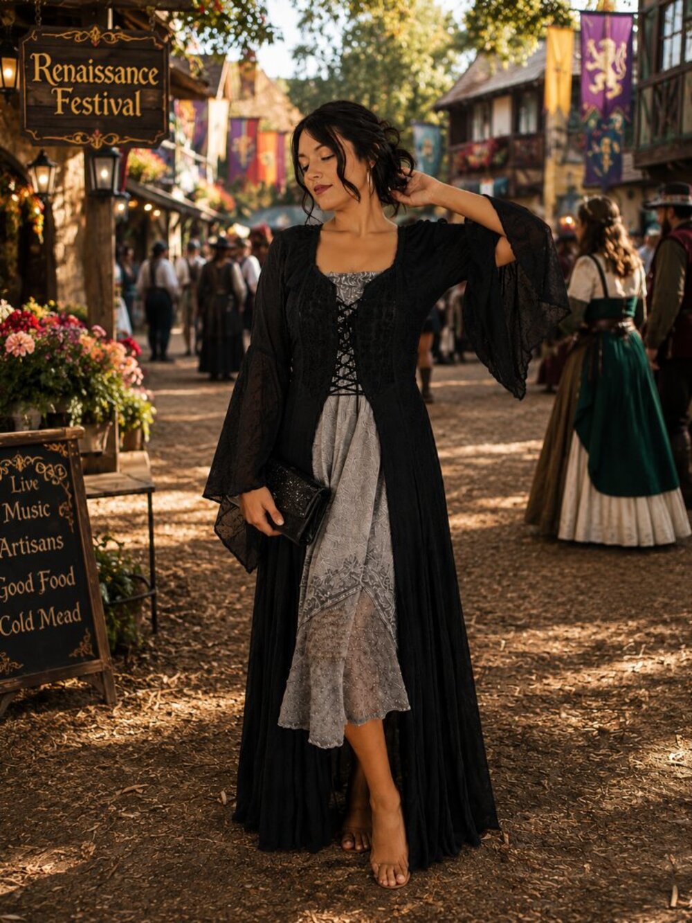 Black Lace-Up Boho Corset Overcoat Cottagecore Halloween Witchycore Fantasy